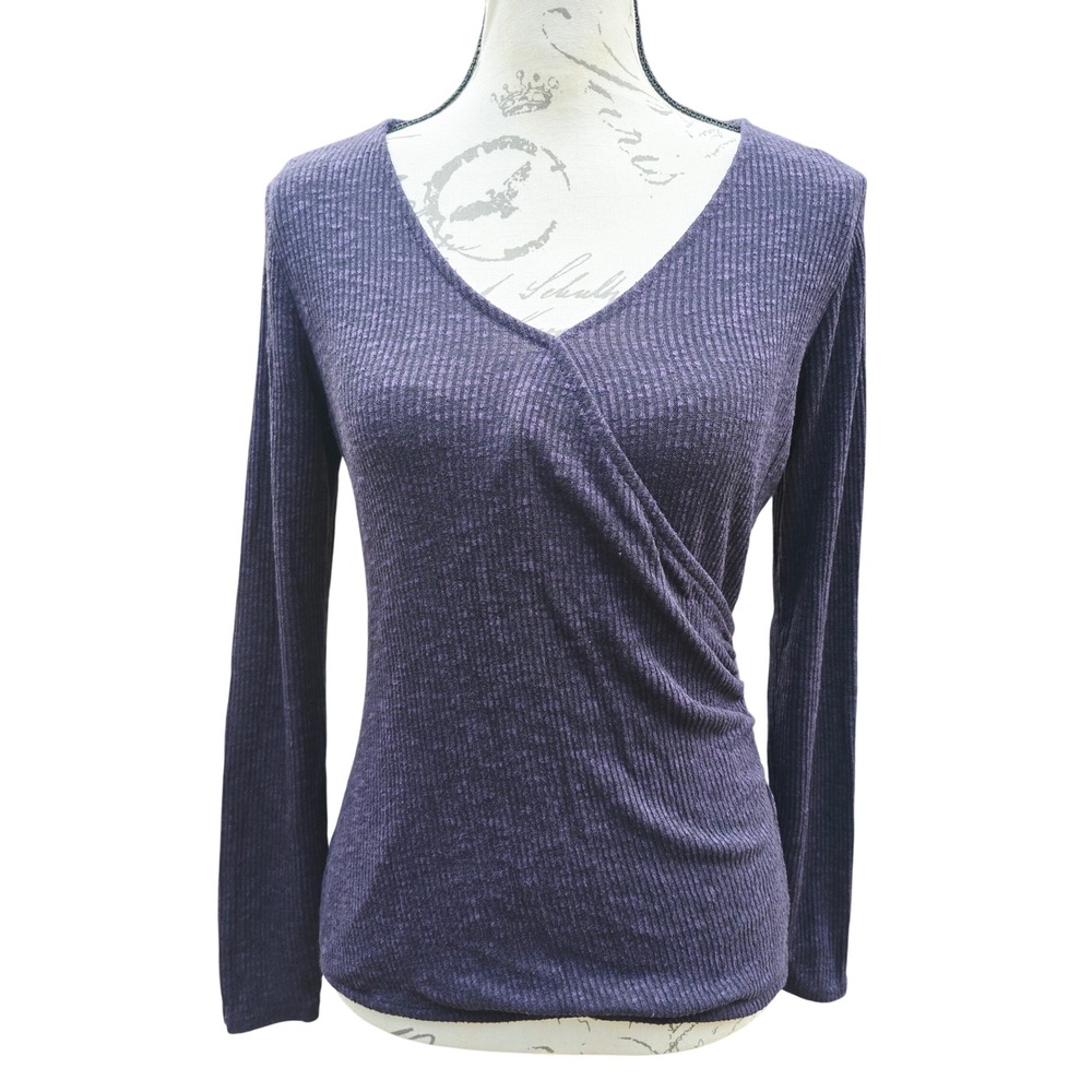 Rock & Republic 53R Womens Purple Ribbed Faux Wrap Long Sleeve V-Neck Top Small